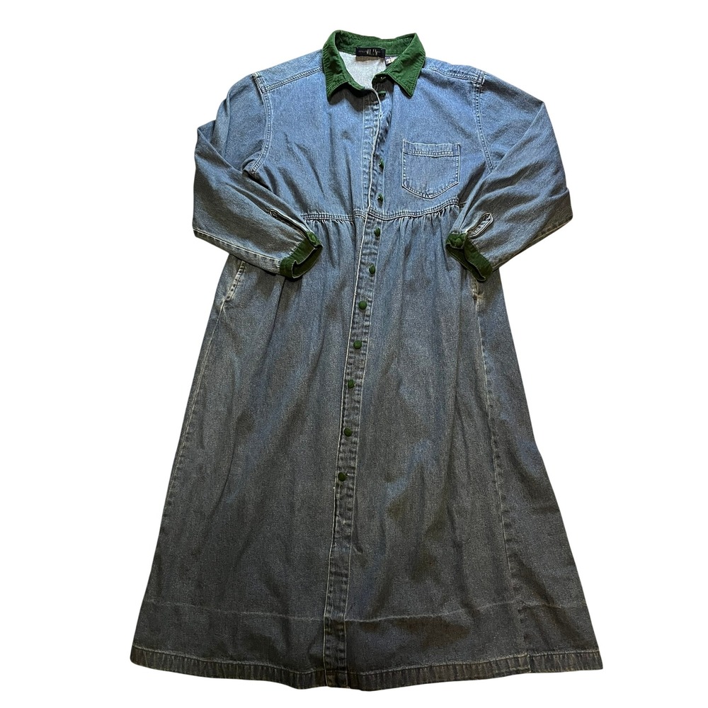 Vintage Original TY Wear Denim Maxi Dress Green Corduroy Trim Cottagecore Large